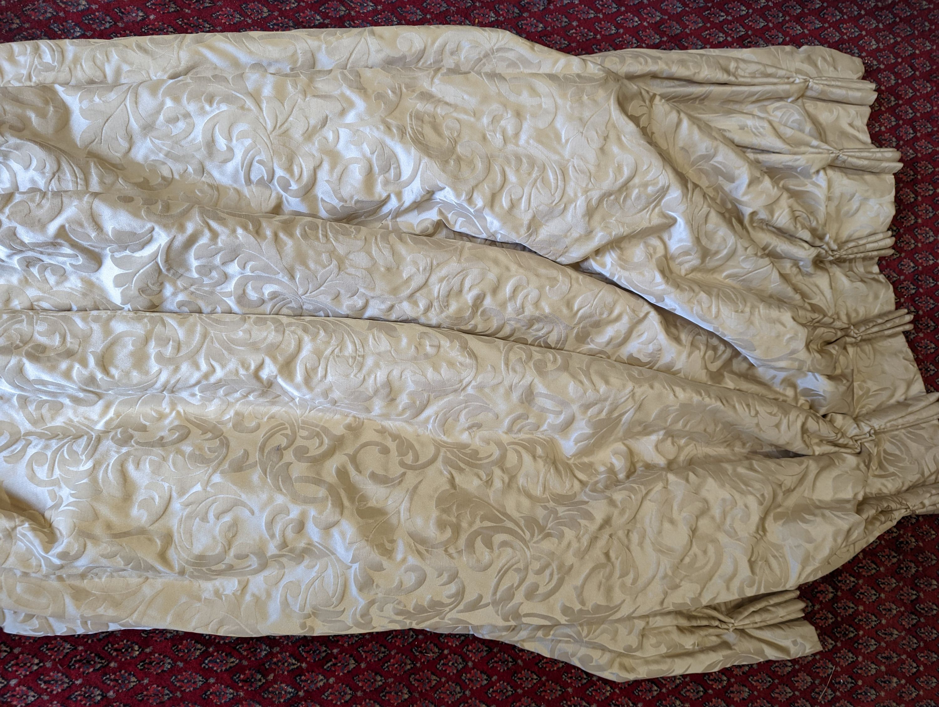 Six lined gold patterned fabric curtains, each approx. 96 x 290cm